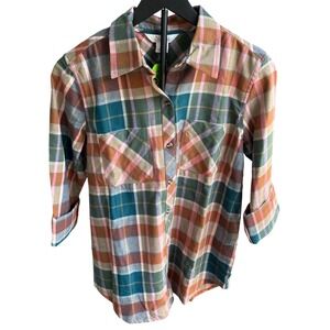 Natural Reflections Womens Plaid Flannel Button Down Shirt Green Pink REPREVE S
